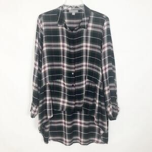 Peace & Pearls High-Low Button Front Plaid Shirt Tunic